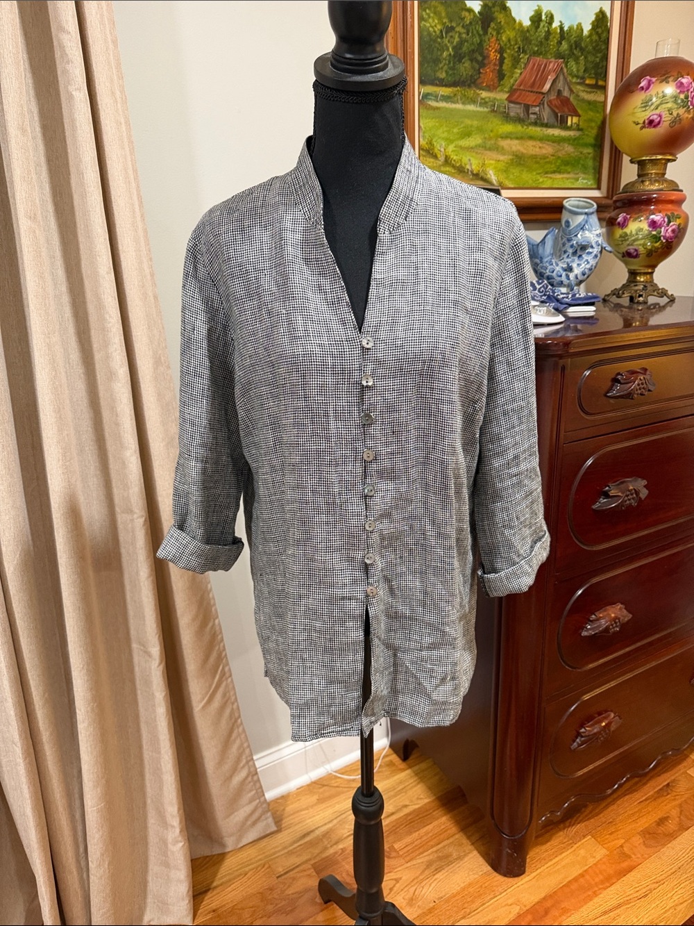 Orvis black/white houndstooth linen Button-Front Shirt Jacket